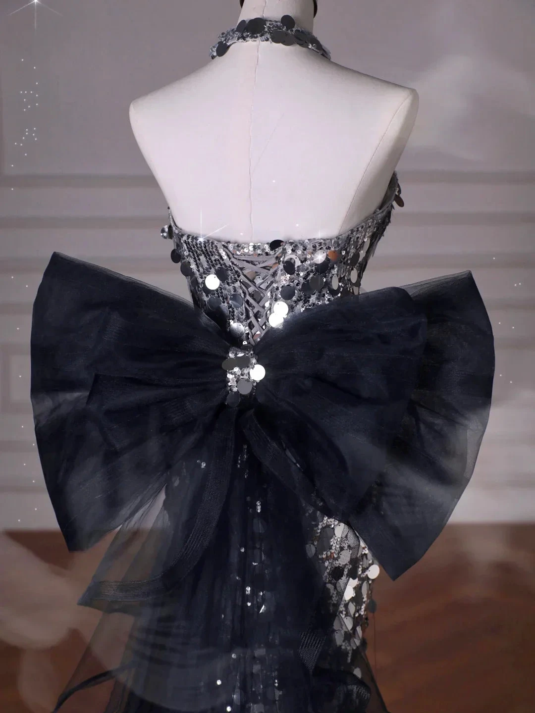 Black Glitter Sequins Tulle Mermaid Prom Dress Strapless Evening Dress With Bow Y8615 by simplepromdress