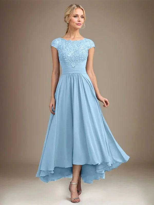 A-line Scoop Illusion Asymmetrical Lace Chiffon Mother of the Bride Dress With Pleated by Dreamylily