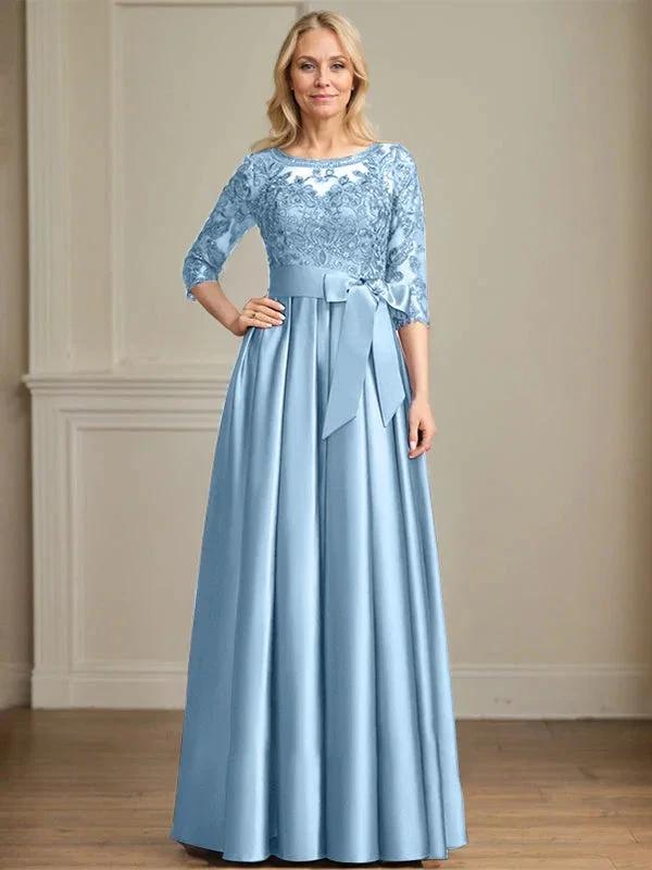 A-line Scoop Illusion Floor-Length Satin Lace Mother of the Bride Dress With Sequins Bow by Dreamylily