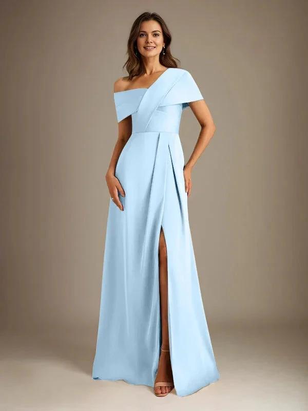A-Line Asymmetrical Neckline Floor-Length Satin Mother of the Bride Dress With Pleated by Dreamylily