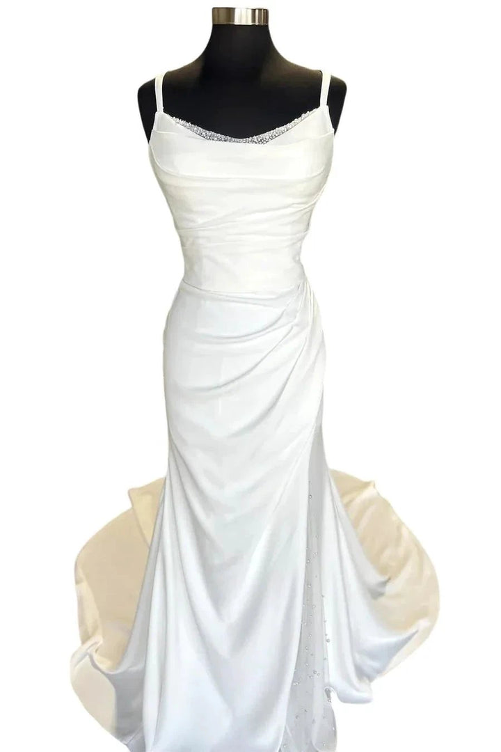 Backless Ruched White Wedding Dress with Detachable Sleeves WD718 by pgmdress