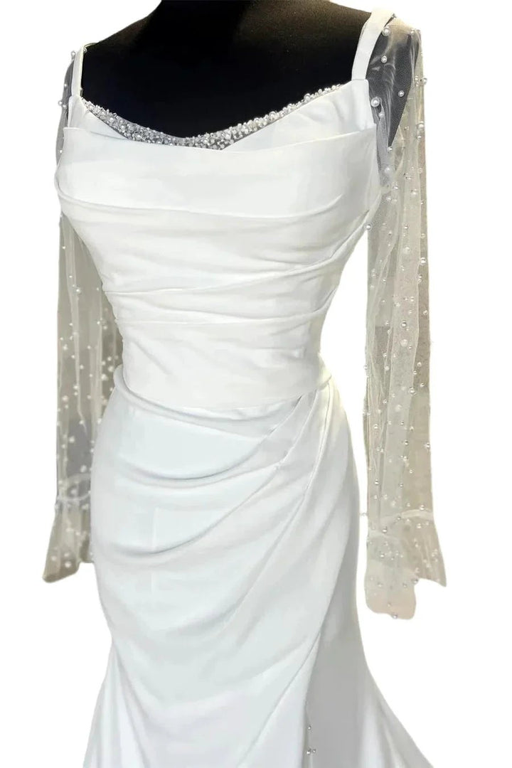 Backless Ruched White Wedding Dress with Detachable Sleeves WD718 by pgmdress