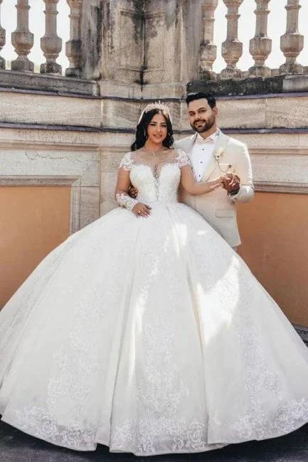 Ball Gown Floor-Length Stain Long Sleeve Appliques Sweetheart Tulle Wedding Dresses with Beadings by misshow.com