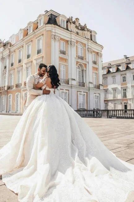 Ball Gown Floor-Length Stain Long Sleeve Appliques Sweetheart Tulle Wedding Dresses with Beadings by misshow.com
