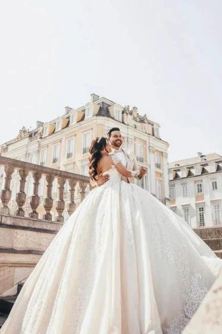 Ball Gown Floor-Length Stain Long Sleeve Appliques Sweetheart Tulle Wedding Dresses with Beadings by misshow.com