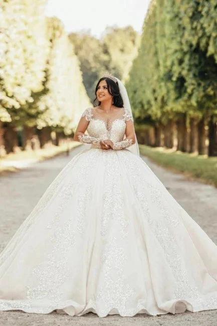 Ball Gown Floor-Length Stain Long Sleeve Appliques Sweetheart Tulle Wedding Dresses with Beadings by misshow.com