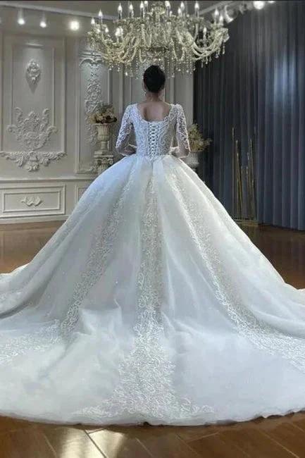 Ball Gown Sweetheart Tulle Long Sleeves Appliques Floor-Length Wedding Dresses with Lace by misshow.com