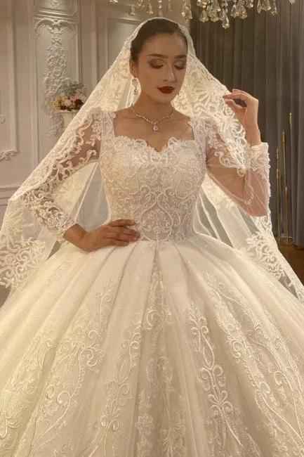 Ball Gown Sweetheart Tulle Long Sleeves Appliques Floor-Length Wedding Dresses with Lace by misshow.com