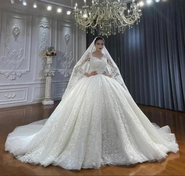Ball Gown Sweetheart Tulle Long Sleeves Appliques Floor-Length Wedding Dresses with Lace by misshow.com