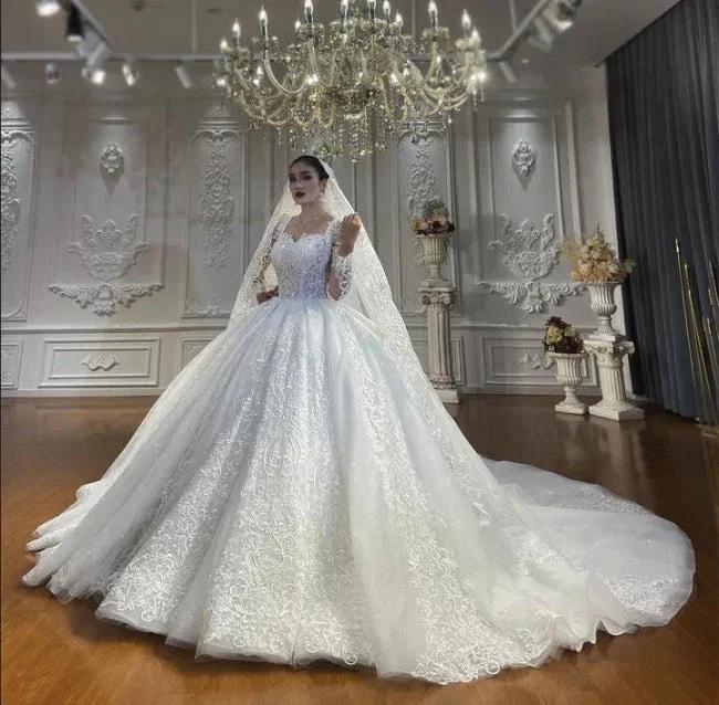 Ball Gown Sweetheart Tulle Long Sleeves Appliques Floor-Length Wedding Dresses with Lace by misshow.com