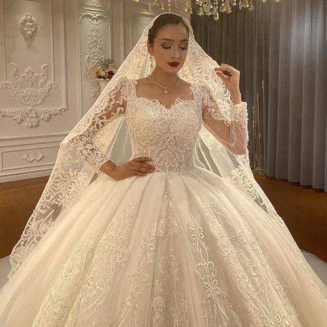 Ball Gown Sweetheart Tulle Long Sleeves Appliques Floor-Length Wedding Dresses with Lace by misshow.com