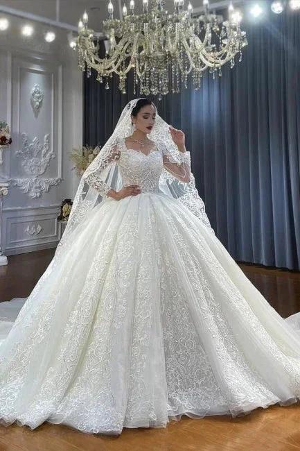 Ball Gown Sweetheart Tulle Long Sleeves Appliques Floor-Length Wedding Dresses with Lace by misshow.com