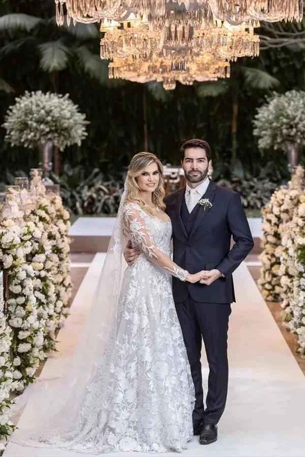 Ball Gown Lace White Wedding Dress With Detachable Long Sleeves WD644 by pgmdress