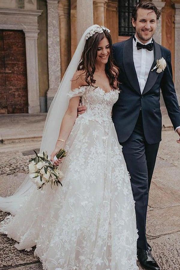 Ball Gown Off the Shoulder Tulle Wedding Dresses with Lace Appliques WD582 by pgmdress