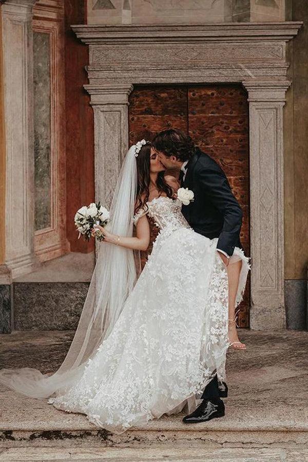 Ball Gown Off the Shoulder Tulle Wedding Dresses with Lace Appliques WD582 by pgmdress