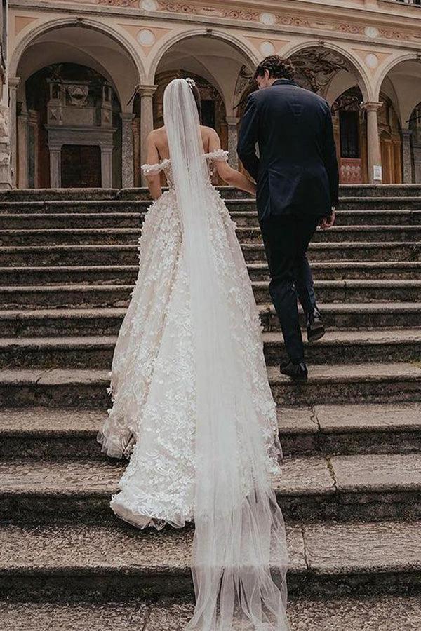 Ball Gown Off the Shoulder Tulle Wedding Dresses with Lace Appliques WD582 by pgmdress