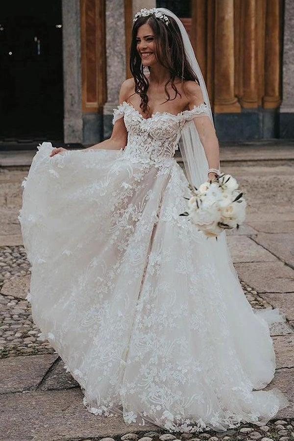 Ball Gown Off the Shoulder Tulle Wedding Dresses with Lace Appliques WD582 by pgmdress