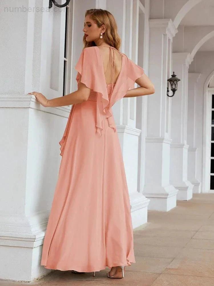 Numbersea Chiffon Bridesmaid Dresses Long Formal Evening Prom Mother of The Bride Dress with Flutter Sleeve SEA28040 by numbersea