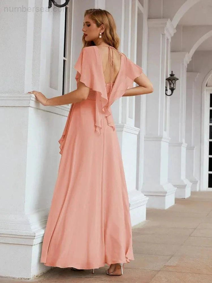 Numbersea Chiffon Bridesmaid Dresses Long Formal Evening Prom Mother of The Bride Dress with Flutter Sleeve SEA28040 by numbersea