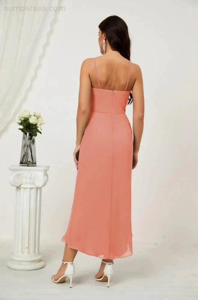 Numbersea Spaghetti Chiffon V Neck Bridesmaid Dress Mid-Length Slit Formal Prom Dress Homecoming Dress 2803 by numbersea