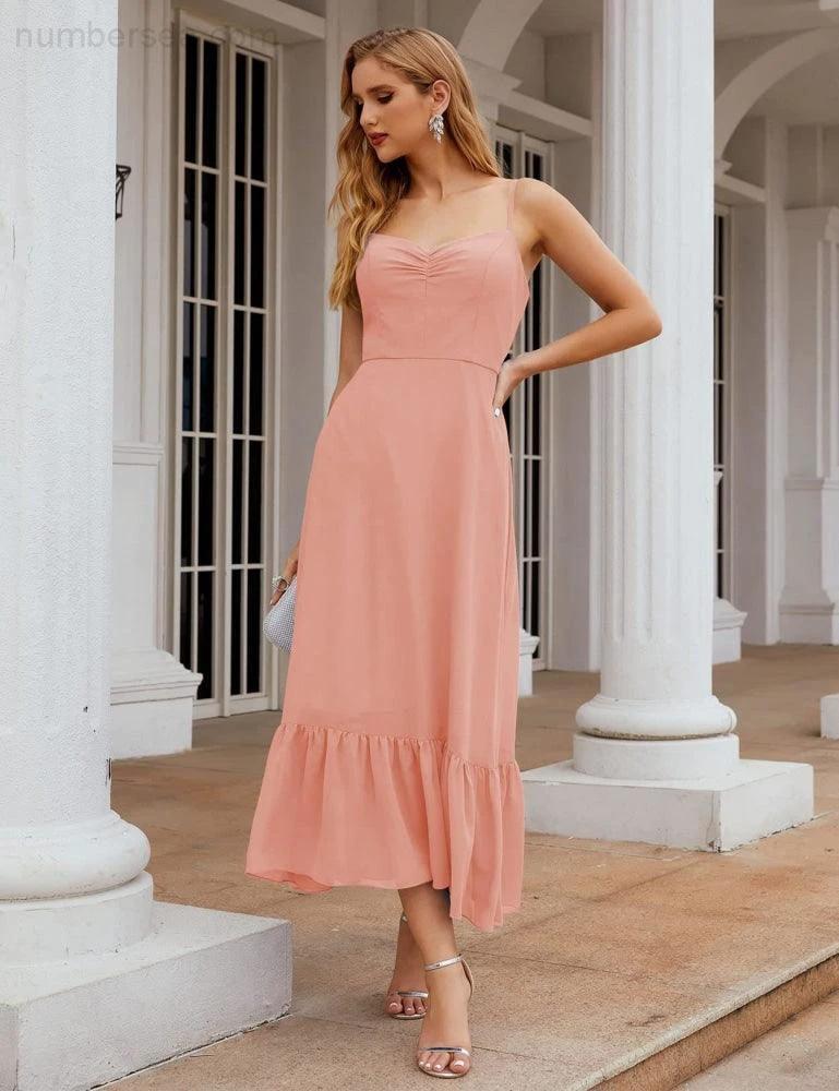 Numbersea Spaghetti Strap Chiffon Bridesmaid Dress Ankle Length Formal A Line Cocktail Party Homecoming Dress for Juniors SEA28028 by numbersea