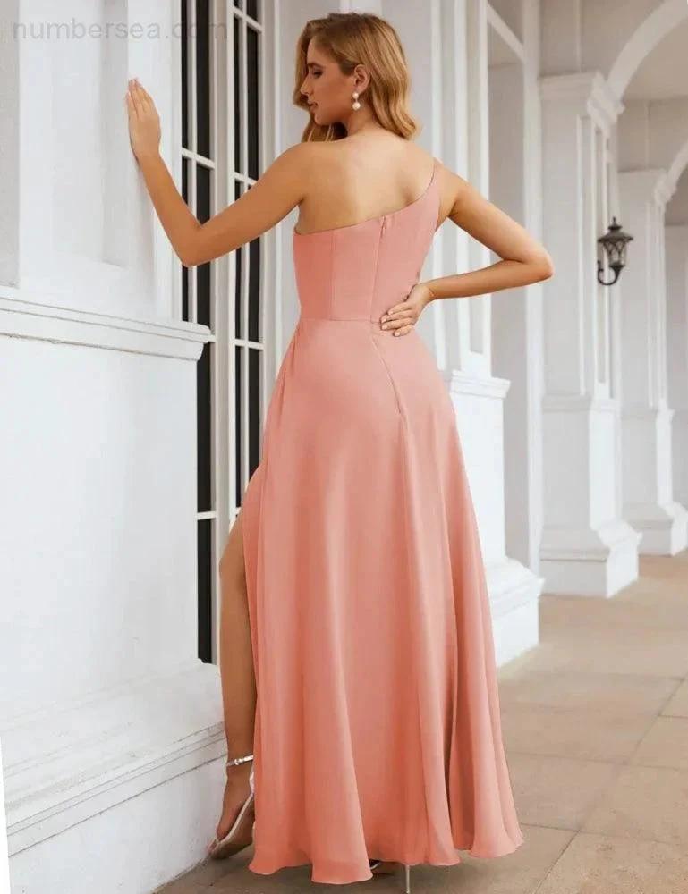 Numbersea One Shoulder Chiffon Bridesmaid Dresses Long Formal Homecoming Prom Gowns for Women Party Wedding Evening SEA28052 by numbersea