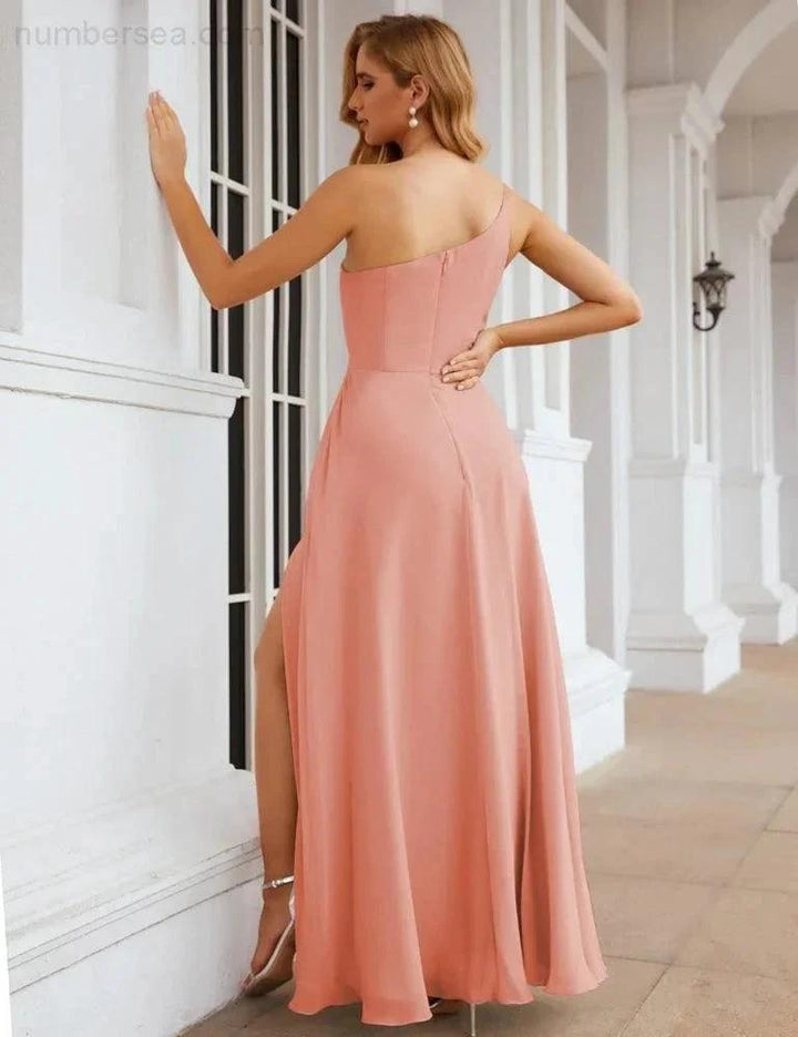 Numbersea One Shoulder Chiffon Bridesmaid Dresses Long Formal Homecoming Prom Gowns for Women Party Wedding Evening SEA28052 by numbersea