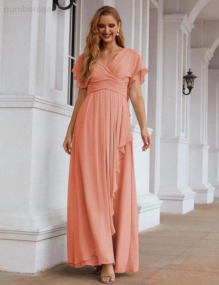 Numbersea Chiffon Bridesmaid Dresses Long Formal Evening Prom Mother of The Bride Dress with Flutter Sleeve SEA28040 by numbersea