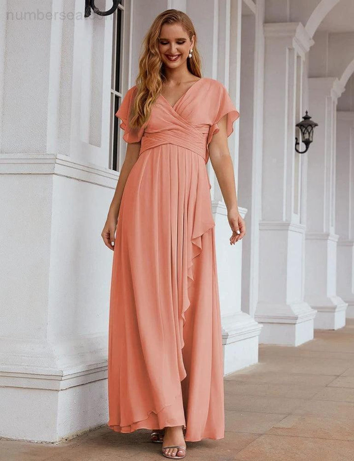 Numbersea Chiffon Bridesmaid Dresses Long Formal Evening Prom Mother of The Bride Dress with Flutter Sleeve SEA28040 by numbersea