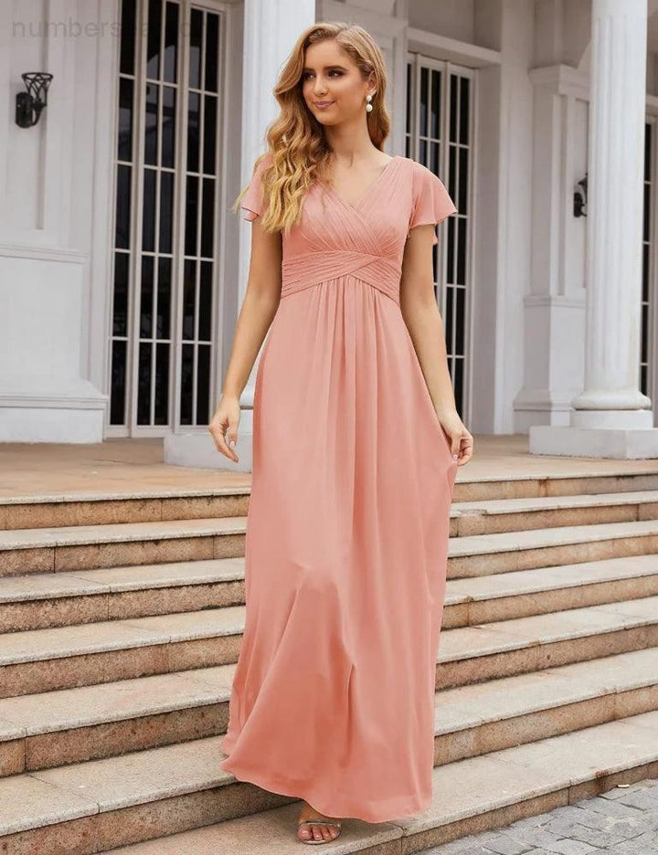 Numbersea Chiffon Bridesmaid Dress Cap Sleeves Maxi Prom Gowns Party Wedding Mother of The Bride Dresses for Women SEA28047 by numbersea
