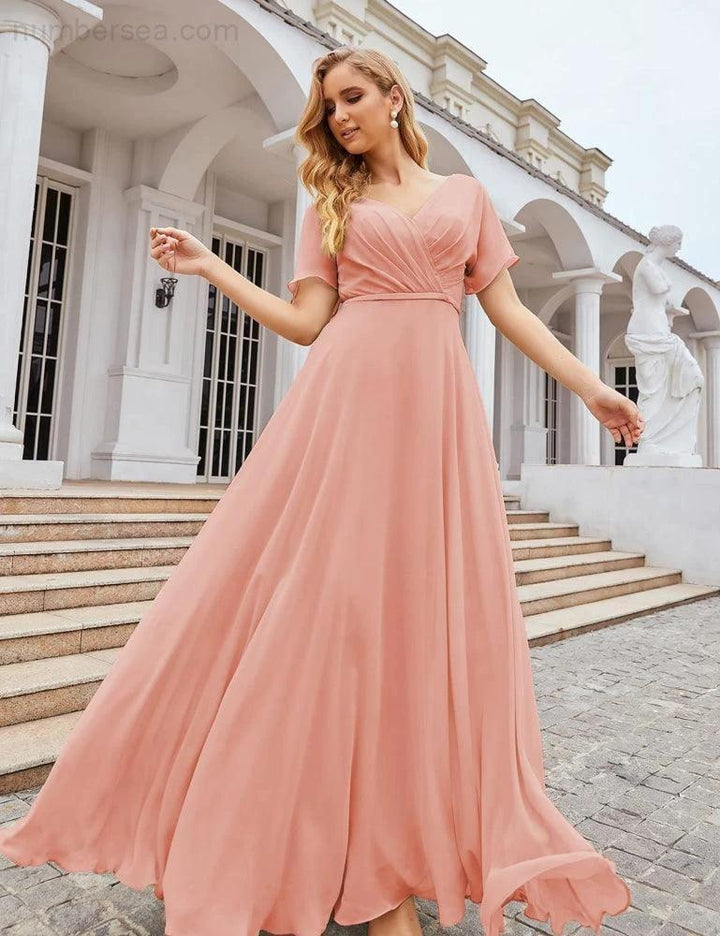 Numbersea Wrap V-Neck Chiffon Bridesmaid Dresses Long Formal Maxi Evening Gown for Wedding Guests SEA28049 by numbersea