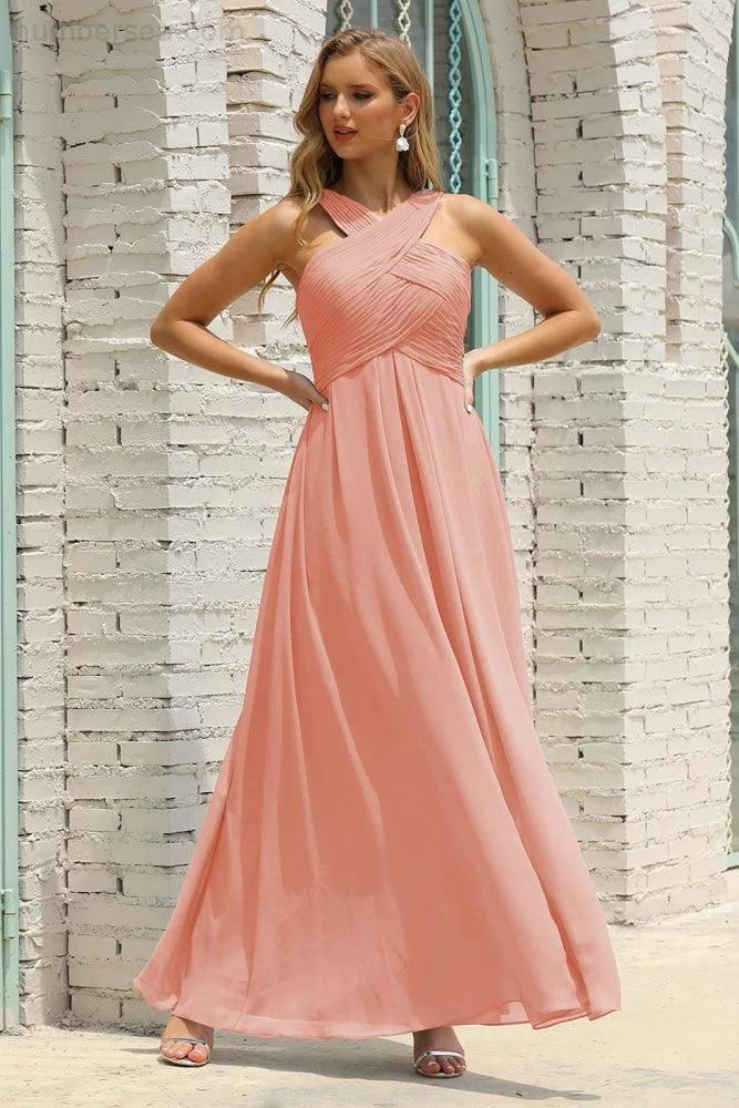 Numbersea Women Halter Chiffon Bridesmaid Dress A-line Long Formal Prom Gown SEA28015 by numbersea
