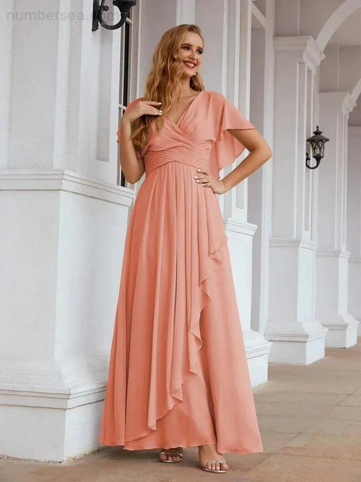 Numbersea Chiffon Bridesmaid Dresses Long Formal Evening Prom Mother of The Bride Dress with Flutter Sleeve SEA28040 by numbersea