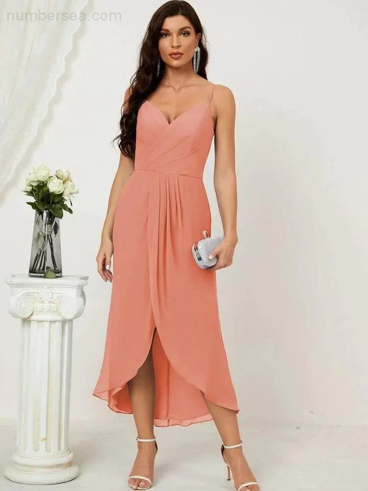 Numbersea Spaghetti Chiffon V Neck Bridesmaid Dress Mid-Length Slit Formal Prom Dress Homecoming Dress 2803 by numbersea