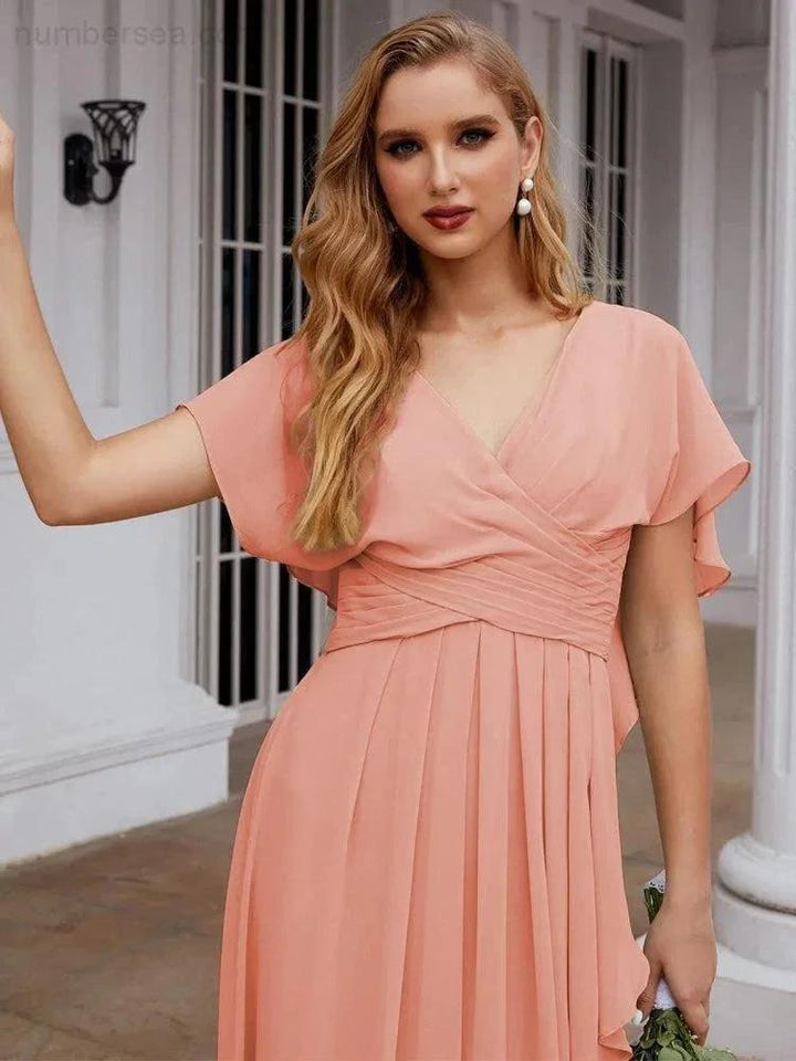 Numbersea Chiffon Bridesmaid Dresses Long Formal Evening Prom Mother of The Bride Dress with Flutter Sleeve SEA28040 by numbersea