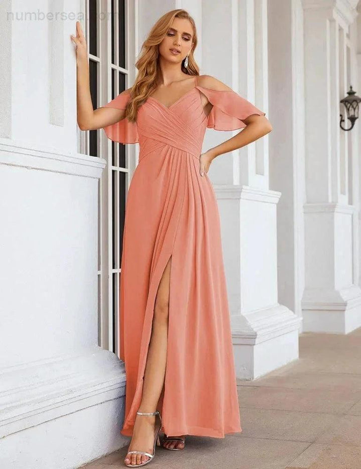 Numbersea Chiffon Cold Shoulder Long Bridesmaid Dresses Plus Size Formal Prom Gowns for Women Party Wedding SEA28070 by numbersea