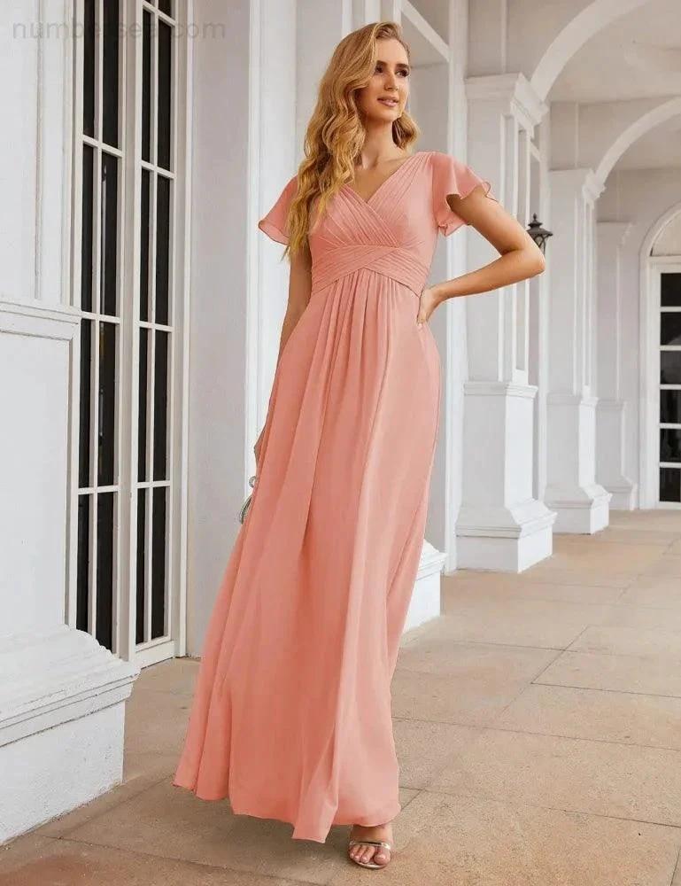 Numbersea Chiffon Bridesmaid Dress Cap Sleeves Maxi Prom Gowns Party Wedding Mother of The Bride Dresses for Women SEA28047 by numbersea