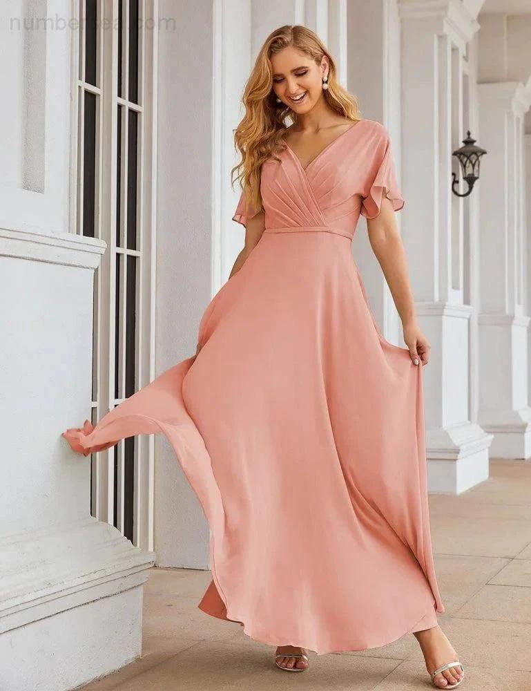 Numbersea Wrap V-Neck Chiffon Bridesmaid Dresses Long Formal Maxi Evening Gown for Wedding Guests SEA28049 by numbersea