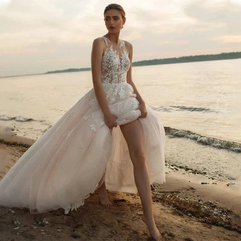 Beach A-Line Wedding Dresses O-neck Sleeveless Vestidos De Novia Custom Made Appliques Vestido De Noiva by payinti