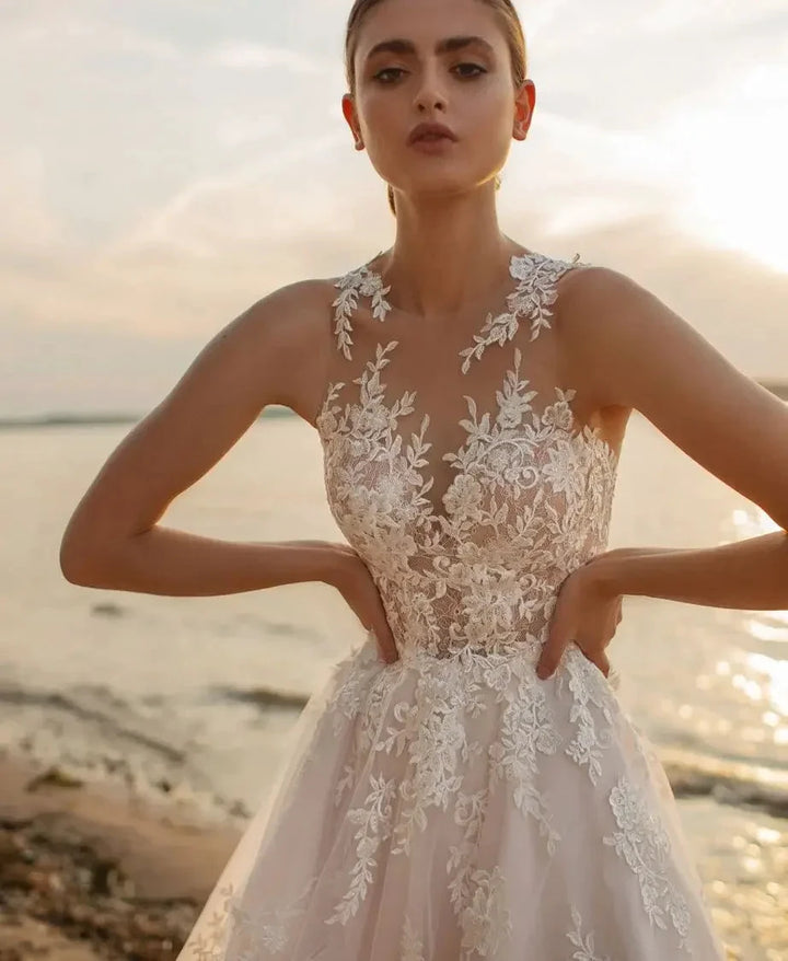 Beach A-Line Wedding Dresses O-neck Sleeveless Vestidos De Novia Custom Made Appliques Vestido De Noiva by payinti
