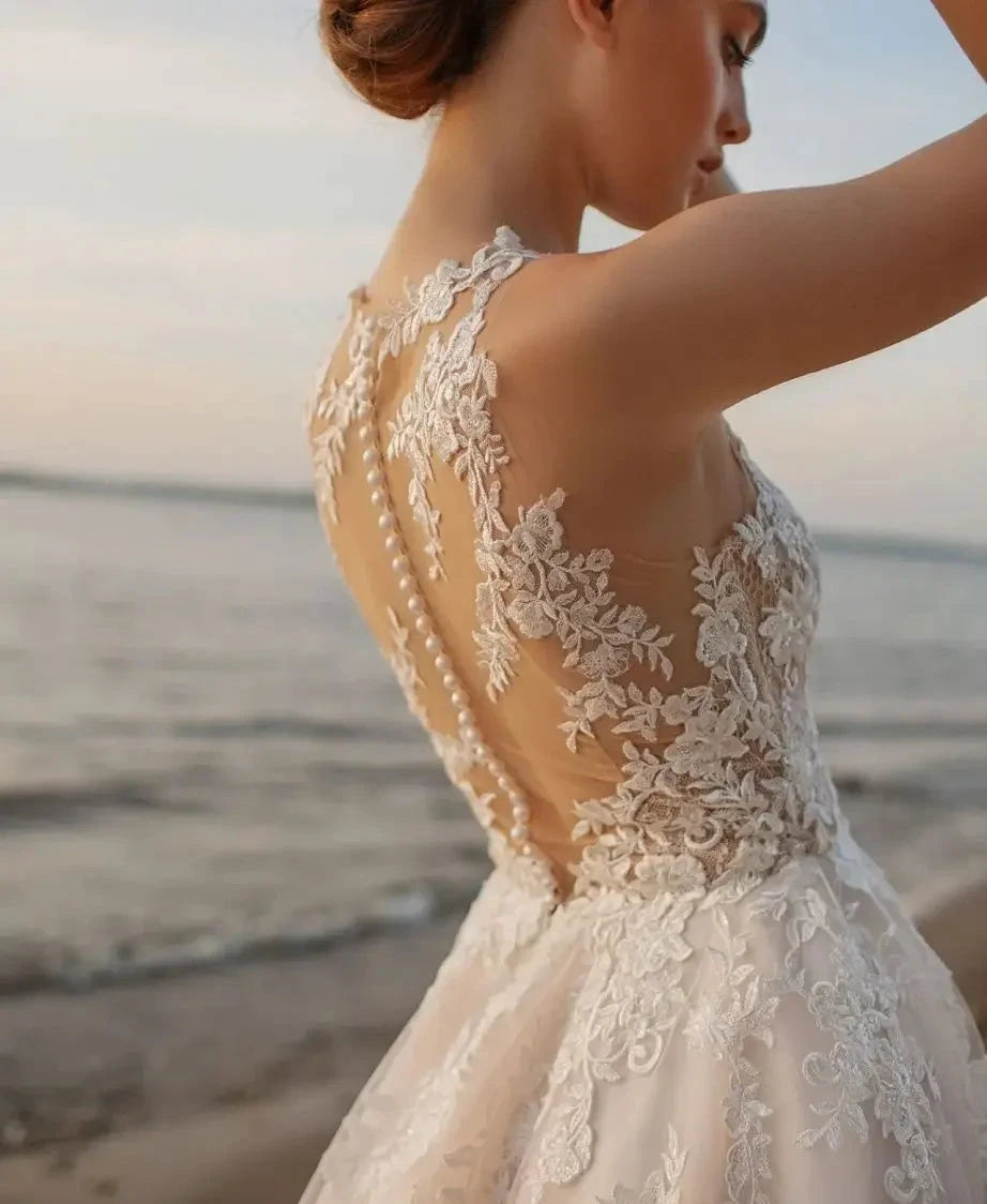 Beach A-Line Wedding Dresses O-neck Sleeveless Vestidos De Novia Custom Made Appliques Vestido De Noiva by payinti