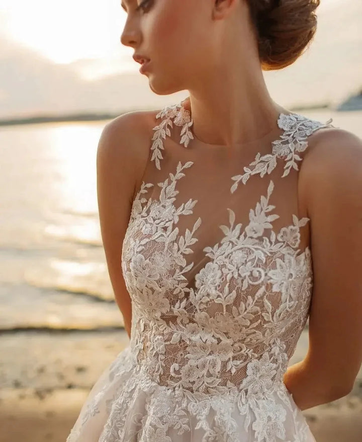 Beach A-Line Wedding Dresses O-neck Sleeveless Vestidos De Novia Custom Made Appliques Vestido De Noiva by payinti