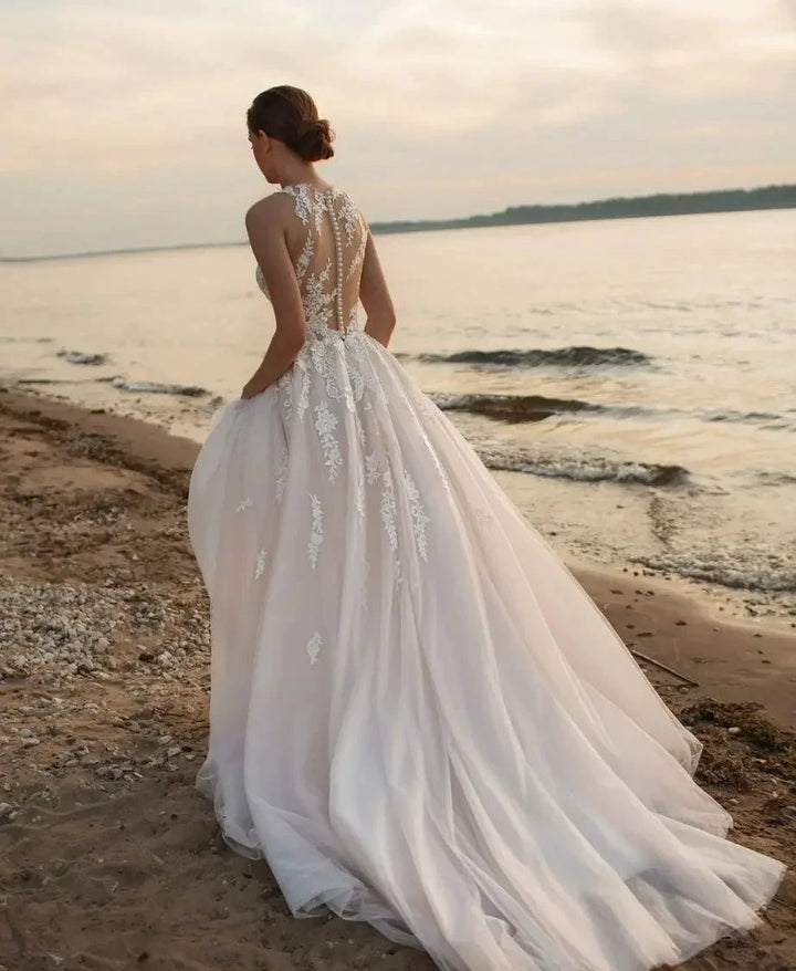 Beach A-Line Wedding Dresses O-neck Sleeveless Vestidos De Novia Custom Made Appliques Vestido De Noiva by payinti
