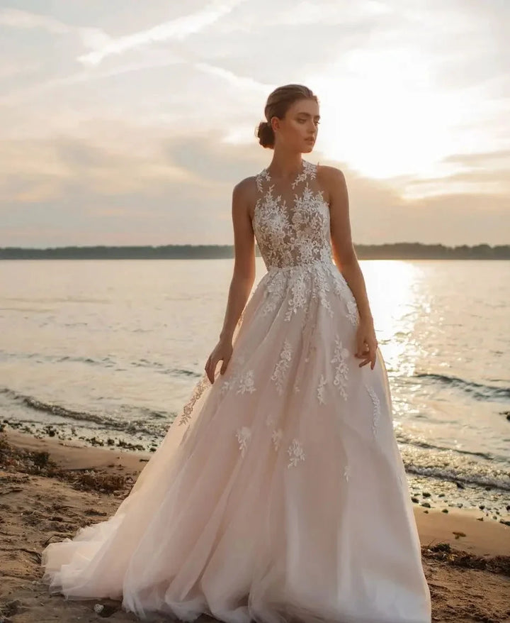 Beach A-Line Wedding Dresses O-neck Sleeveless Vestidos De Novia Custom Made Appliques Vestido De Noiva by payinti