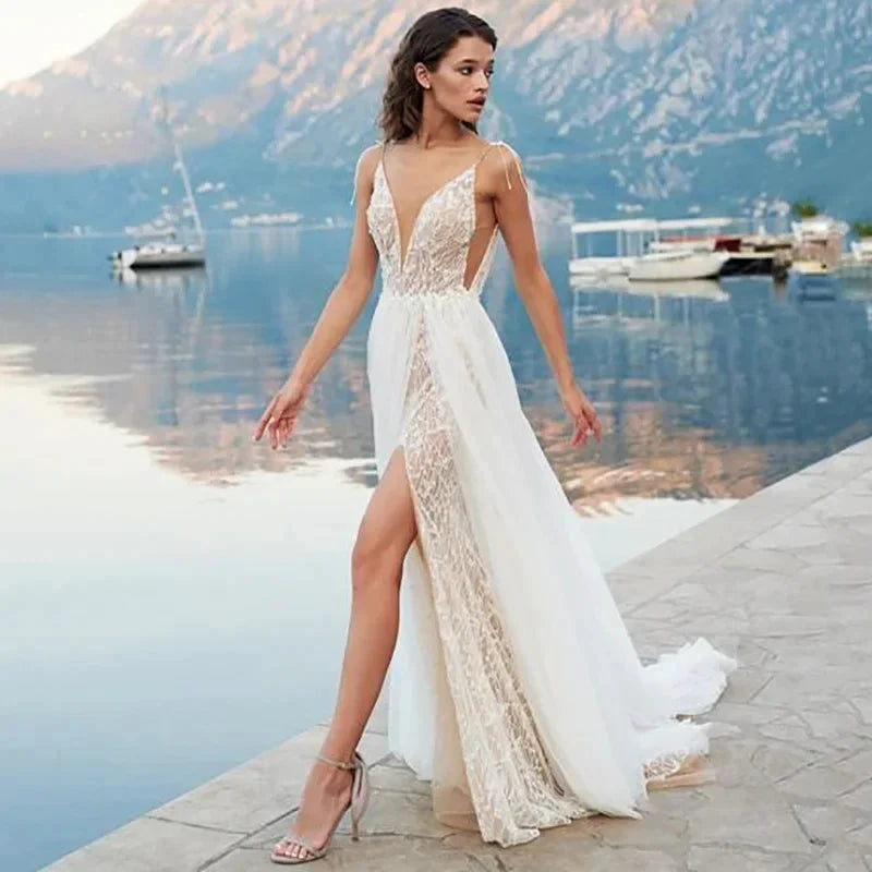 Beach Boho Backless Wedding Dresses Spaghetti Straps Lace Wedding Gowns Side Split V Neck Bride Dress Vestido De Novia by payinti
