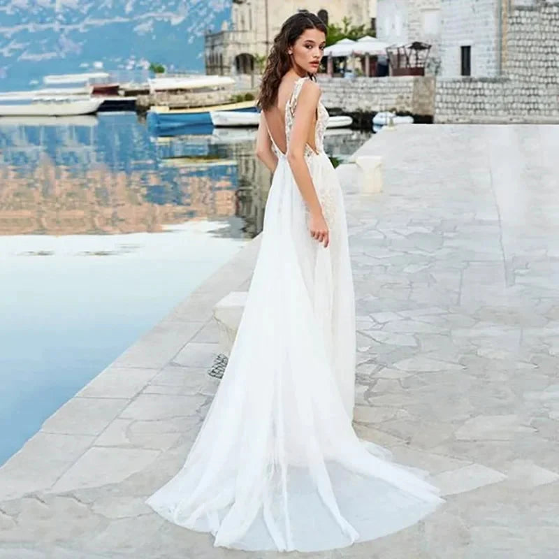 Beach Boho Backless Wedding Dresses Spaghetti Straps Lace Wedding Gowns Side Split V Neck Bride Dress Vestido De Novia by payinti