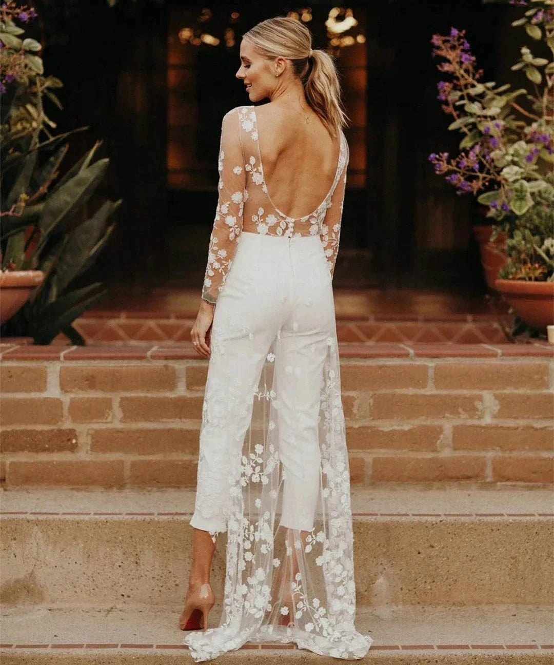 Beach Sexy Open Back Pants Suit Wedding Dresses For Women Applique Lace Long Sleeves Bridal Gowns Cheap New Vestido De Novia by payinti