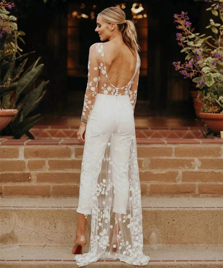 Beach Sexy Open Back Pants Suit Wedding Dresses For Women Applique Lace Long Sleeves Bridal Gowns Cheap New Vestido De Novia by payinti