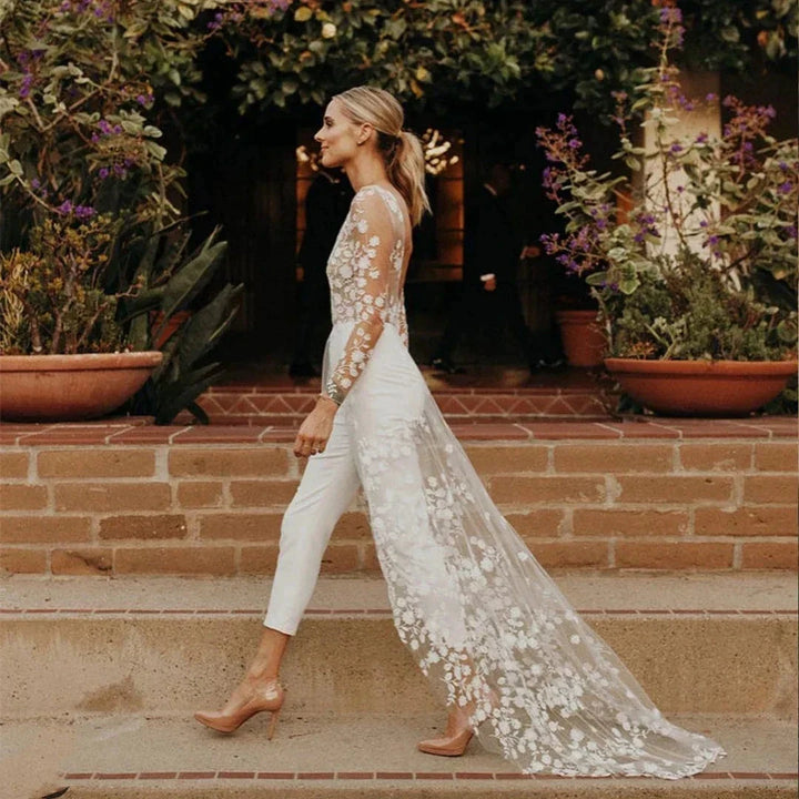 Beach Sexy Open Back Pants Suit Wedding Dresses For Women Applique Lace Long Sleeves Bridal Gowns Cheap New Vestido De Novia by payinti