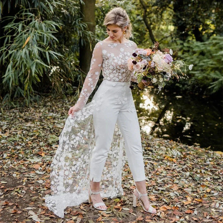 Beach Sexy Open Back Pants Suit Wedding Dresses For Women Applique Lace Long Sleeves Bridal Gowns Cheap New Vestido De Novia by payinti